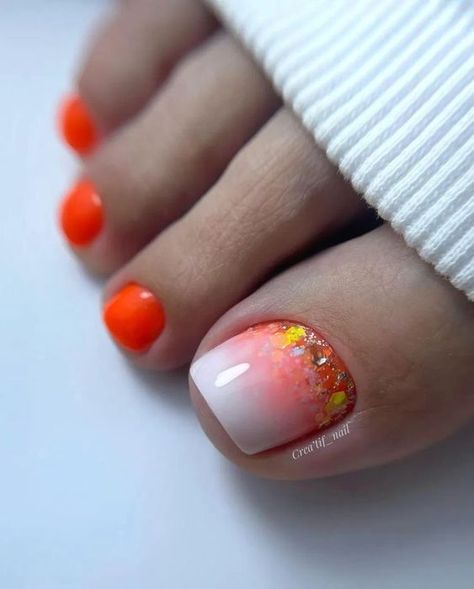 Top Spring Toe Nail Trends 2024: Colors & Designs for Fashionable Pedicures Gel Pedicure Designs Summer, Summer Pedicure Designs 2023, Gel Toe Nails Summer Toenails, Orange Toe Nail Designs, Summer Toes 2023, Orange Pedicure, Neon Toe Nails, Toe Nail Colors, Fall Toe Nails