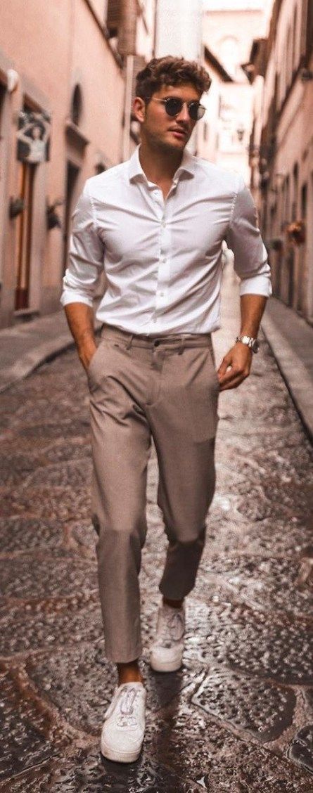 Mens Fall Outfits, Khaki Pants Outfit, White Converse Outfits, Men Outfit Ideas, Mens Casual Outfits Summer, Classic White Shirt, Fall Outfits Men, Outfits With Converse, Classy Casual Outfits