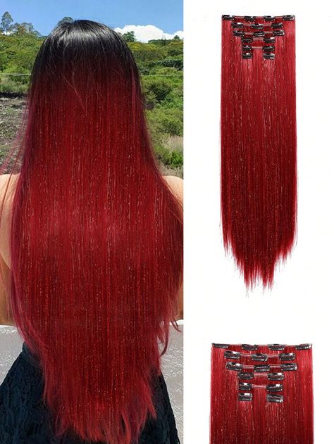 7pcs/Set Wine Red Clip-In Hair Extensions Glitter Tinsel Hair Extension Long Straight Full Head Clip In Hair Extensions Pieces Synthetic Fiber Mixed Tinsel For Summer Gorgeous Wine Red Hair Extensions For Women Girls 26Inch Burgundy    High Temperature Fiber  Clip-In Hair Extensions   Wigs & Accs, size features are:Bust: ,Length: ,Sleeve Length: Red Extensions Hair, Tinsel Hair, Red Hair Extensions, Wine Red Hair, Long Hair Extensions, Effortless Hairstyles, Hair Makeover, Clip In Hair, Retro Hairstyles