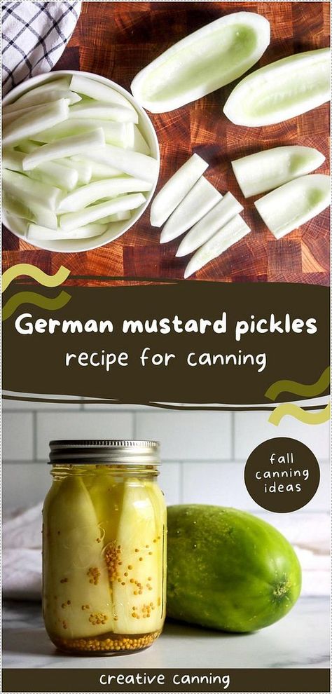 Discover an authentic German mustard pickles recipe for canning that transforms overripe cucumbers into delicious pickle spears. This simple recipe uses whole mustard seeds and a light vinegar brine, with an optional addition of pickling spices for extra flavor. It’s a great way to use up excess cucumbers and enjoy a traditional German treat. Find more easy cucumber recipes, preserving cucumbers, cucumber preservation, and Water Bath Canning Recipes at creativecanning.com. Cucumber Preservation, Excess Cucumbers, Mustard Pickles Recipe, Preserving Cucumbers, Mustard Pickle Recipe, Fall Canning, Canning Soup Recipes, Pickling Spices, Pickle Spears