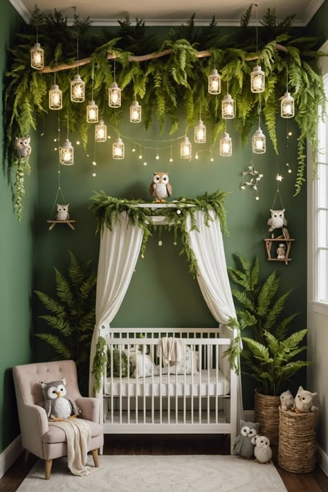 Different Nursery Ideas, Wooded Theme Nursery, Storybook Forest Nursery, Nursery Ceiling Decor, Forest Green House Decor, Alcove Paint Ideas, Enchanted Forest Nursery Ideas, Whimsical Vintage Nursery, Nursery Ideas Plants