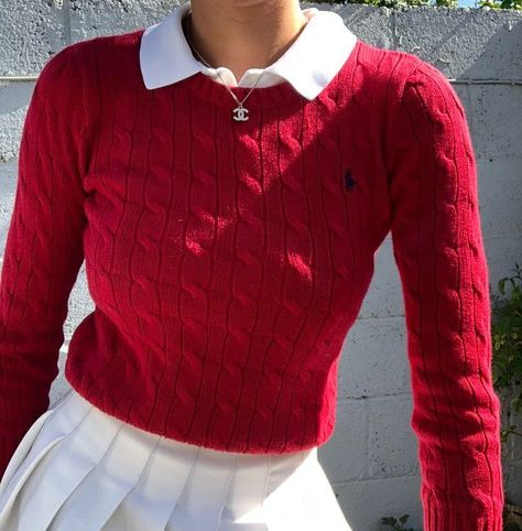 ✭ on X Red Collared Shirt Outfit, Red Ralph Lauren Sweater, Red Ralph Lauren Sweater Outfit, Red Polo Sweater Outfit, Red Polo Shirt Outfit Women's, Red Outfit Inspiration, Red Outfit Winter, Polo Sweater Outfit, Polo Shirt Outfit Women's