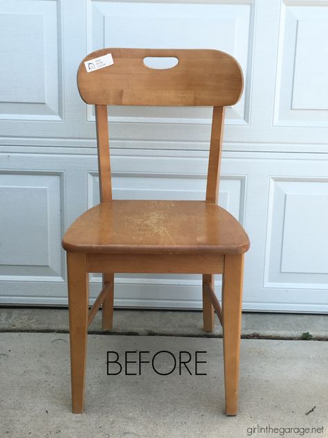 Learn how to stain and paint a wood chair for beautiful results. Step by step DIY tutorial by Girl in the Garage. How To Paint Chairs, School Chair Makeover, Wood Chair Makeover, Painted Kids Chairs, Painted Wood Chairs, Refurbished Chairs, Spray Paint Wood, Antique Wooden Chairs, Pine Chairs