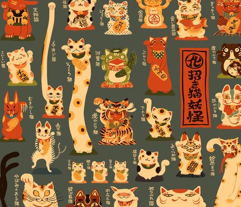 Lucky Cat Character Design, Japanese Cat Illustration, Lucky Cat Illustration, Maneki Neko Tattoo, Japan Tattoo Design, Cat Drawings, Neko Cat, Japanese Cat, Japan Tattoo