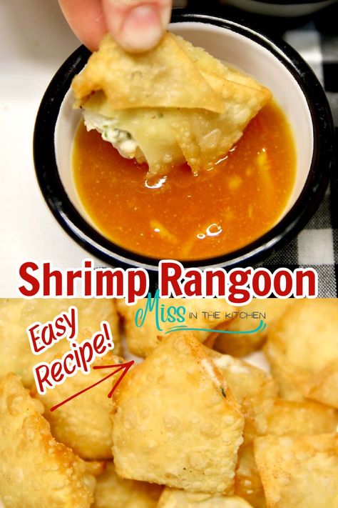 Shrimp Rangoon is a crispy and delicious appetizer or side for any Chinese-inspired dinner at home. A quick filling made with shrimp, cream cheese and garlic fried in wonton wrappers. Rangoon Recipe Cream Cheese, Shrimp Rangoon Recipe, Shrimp Rangoon, Wonton Filling Recipes, Shrimp Cream Cheese, Cream Cheese Rangoons, Shrimp Appetizer Recipes, Rangoon Recipe, Shrimp Wonton