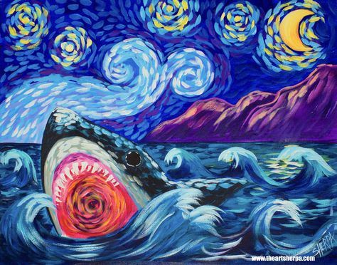 Sharky Night Learn to paint like Van Gogh in  Acrylic for Beginners #sharkweek2017 #artsherpa Learn to paint a Great White Shark Oceanscape in the style of Van Gogh starry night  in acrylic paint on Canvas Step by Step for beginners www.theartsherpa.com By The Art Sherpa Spooky Starry Night Painting, Acrylic For Beginners, Shark Painting, Art Sherpa, Abstract Painting Diy, The Art Sherpa, Christmas Paintings On Canvas, Draw Animals, Starry Night Van Gogh