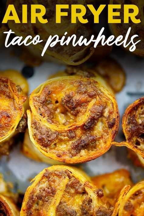 These Cheesy Taco Pinwheels are made with seasoned ground beef and a creamy, cheesy filling all rolled up in a tortilla and air fried! They're a great way to use up leftover taco meat and they're perfect for party appetizers too! Cheesy Taco Pinwheels, Taco Roll Ups Tortilla Ground Beef, Air Fryer Tortilla Roll Ups, Recipes Using Leftover Taco Meat, Taco Roll Ups Tortilla, Taco Meat Recipes Leftover, Gathering Appetizers, Mexican Roll Ups, Cutdacarb Recipes