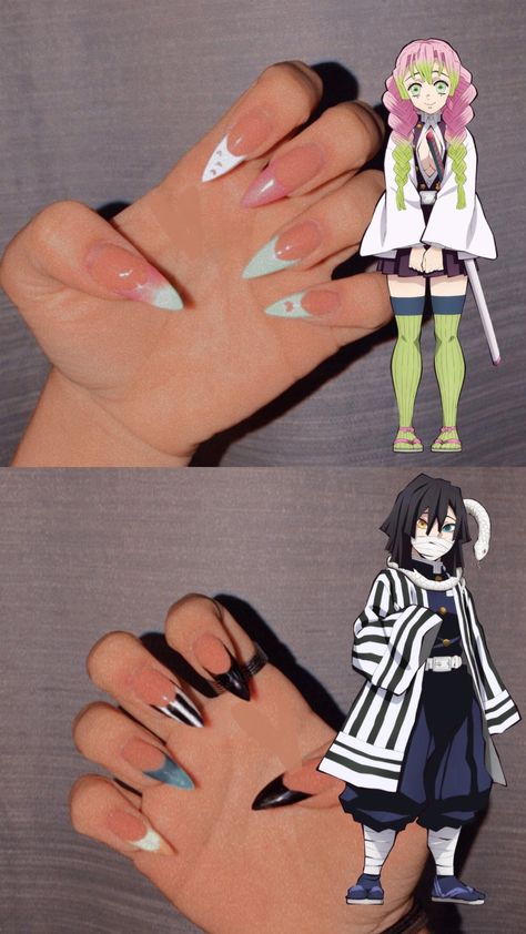 #animenails #anime #demonslayer Anime Nail Ideas Demon Slayer, Anime Style Nails, Mitsuri Kanroji Nails, Kanroji And Iguro, Anime Nails Demon Slayer, Inuyasha Nails, Uñas Demon Slayer, Mitsuri Nails, Anime Nails Simple