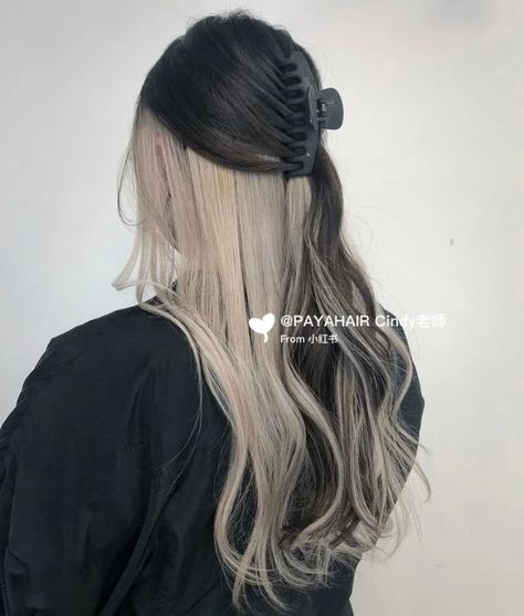 Long Black Hair With Blonde Underneath, Long Hair Dyed Underneath, Black Hair Blonde Underneath, Blonde Underneath Black Hair, Black With Blonde Underneath Hair, Blonde Underneath Hair, Balayage Colors, Underdye Hair, Color Block Hair