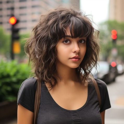 50 Fringe haircut For a Refreshing Look In 2024 Wavy Shag Haircut Medium, Curly Baby Bangs, Wavy Bob With Fringe, Wavy Hairstyles With Bangs, Short Curly Bangs, Wavy Bob With Bangs, Fringe Haircuts, Sleek Haircuts, Curly Hair Fringe