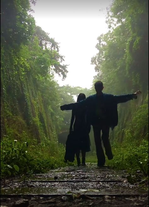 Two people one balancing on train track People In The Rain Aesthetic, Dancing Green Aesthetic, Forest Aesthetic Couple, Anjali Core Aesthetic, Dancing In A Forest, Dancing In The Forest Aesthetic, Two People Dancing Aesthetic, Jasleen Core, Forest Couple Aesthetic