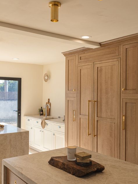 Two wood inset kitchen islands in front of a paneled refrigerator wall in the same light wood finish White Oak Panel Refrigerator, Panel Ready Side By Side Refrigerator, Paneled Refrigerator Kitchen, Wood Refrigerator, Hidden Fridge, Paneled Refrigerator, Light Wood Finish, Mediterranean Vibes, Refrigerator Wall