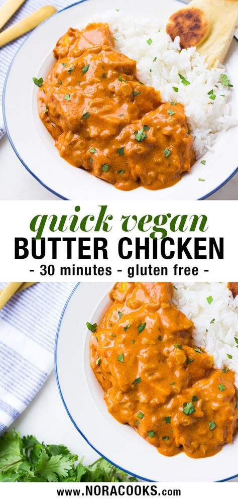 This Vegan Butter Chicken is everything you want in a quick and easy weeknight dinner! Quick (just thirty minutes) and healthy, I have an easy method of preparing the tofu that makes it taste so much like chicken, and the dairy free creamy sauce is to die for. One of our favorite plant based family meals for hectic weeknights! #vegan #plantbased #tofu #glutenfree Vegan Butter Chicken Sauce, Tofu Recipes Butter Chicken, Butter Tofu Vegan, Vegan Dinner Family, Vegan Dinners Family, Dairy Free Meal Prep Easy Recipes, Butter Chicken Tofu Recipe, Cauliflower Butter Chicken, Vegan Dinner With Tofu