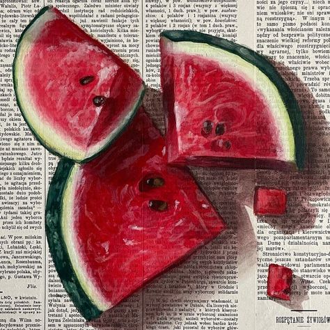 Food Artists Gcse, Food Art Gcse, Objects Art Gcse, Realistic Food Painting, Newspaper Painting, Food Art Painting, Watermelon Art, Gcse Art Sketchbook, Newspaper Art