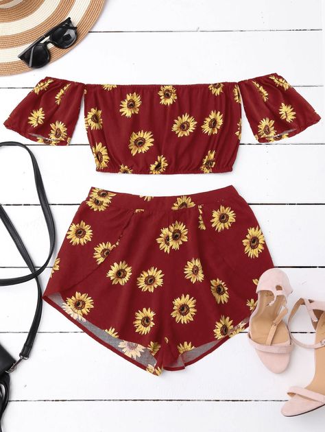 Off Shoulder Crop Top and Sunflower Shorts  BLACK RED , #Ad, #Top, #Crop, #Shoulder, #Sunflower, #RED #Ad Sunflower Outfit, Sunflower Shorts, Aesthetic Outfit Ideas, Off Shoulder Crop Top, Sunflower Print, Pinterest Fashion, Top Crop, Styles Inspiration, Shoulder Crop Top