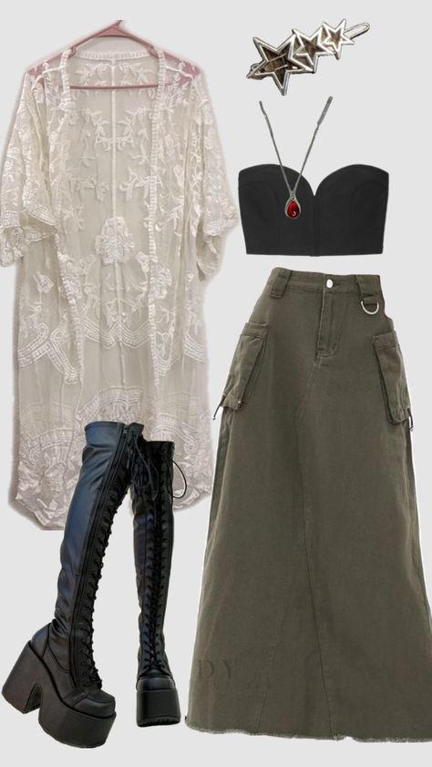 #grungeoutfit #asethetic #asetheticoutfit #grunge #greenskirt #straplesstops #platformboots #lacecardigan #outfitboard #mycloset Ethereal Aesthetic Outfits, Grunge Core, Ethereal Aesthetic, Grunge Outfits, Aesthetic Outfits, Outfit Ideas, Outfit Inspo, Closet, Clothes