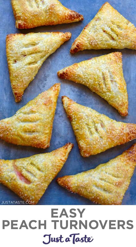 Easy Peach Turnovers! These light and flaky pastries are bursting with summer's freshest flavor and star store-bought puff pastry. Don’t forget the crunchy sanding sugar topping! #justatasterecipes Peach Turnovers, Easy Puff Pastry Recipe, Fresh Peach Recipes, Puff Pastry Recipe, Kitchen Yellow, Turnover Recipes, Sanding Sugar, Easy Puff, Stars Light