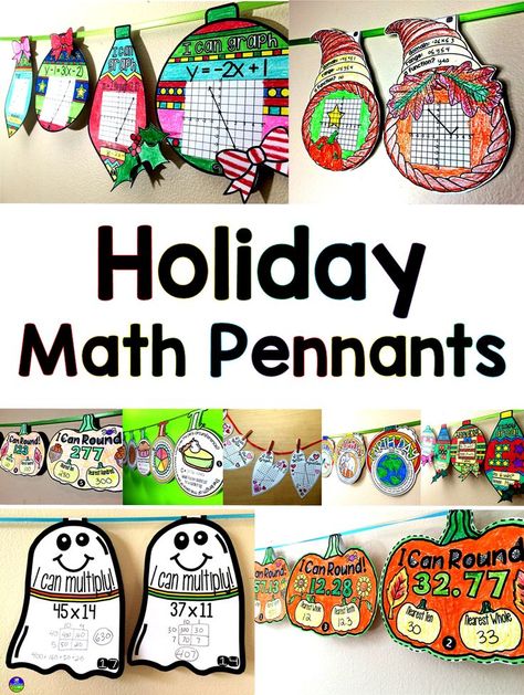 Holiday math pennant activities for Halloween, fall, Thanksgiving, Pi Day, Christmas, Valentine's Day, Back to School, Earth Day, Easter, winter #mathpennant #mathpennants #Halloweenmath #holidaymath #fallmathactivities https://www.scaffoldedmath.com/ Activities For Halloween, Holiday Math Activities, Math Craftivity, Fall Math Activities, Thanksgiving Math Activities, Christmas Math Activities, Thanksgiving Classroom, Holiday Math, Thanksgiving Math