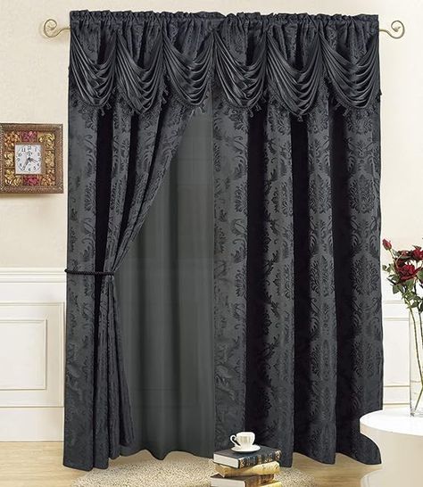 These Jacquard curtains add the perfect moody touch to any victorian inspired decor theme #maximalisst #moodymaximalist #maximalistdecor #moodymaximalistdecor #darkacademia #victorian #victoriandecor #gothic #gothicdecor Goth Curtains, Gothic Curtains, Curtains With Attached Valance, Jacquard Curtains, Victorian Curtains, Halloween Curtains, Damask Curtains, Gothic Bedroom, Luxury Curtains