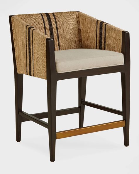 The Folly Counter Stool is designed with a woven lampakanay rope accented with dark contrast woven stripes along the back and arms. The frame is handcrafted of mahogany solids and finished in a dark walnut finish. Upholstery, polyester Overall, approx. 24\"W x 22.25\"D x 34.5\"T Seat height, 24.75\" Hardware is not included Weight, 28.0 lbs Imported Boxed weight, approximately 52.0 lbs Shipping Direct from Vendor, usually ships within 30 business days. Wood Counter Stools, Furniture Dimensions, Card Table, Stool Design, Counter Bar Stools, Century Furniture, Mahogany Wood, Custom Upholstery, Dark Walnut