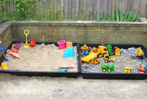 Make some outdoor sensory play areas for toddlers and preschoolers with these two simple ideas; a DIY sand box and a gravel pit construction site! We are huge fans of outdoor play and learning and spend a lot of time in our garden or the woods and parks near our home. Because we live in...Read More » Outdoor Sensory Play, Sand Diy, Kid Friendly Backyard, Outdoor Kids Play Area, Gravel Pit, Imagination Tree, Play Area Backyard, Backyard Kids Play Area, Outdoor Play Areas