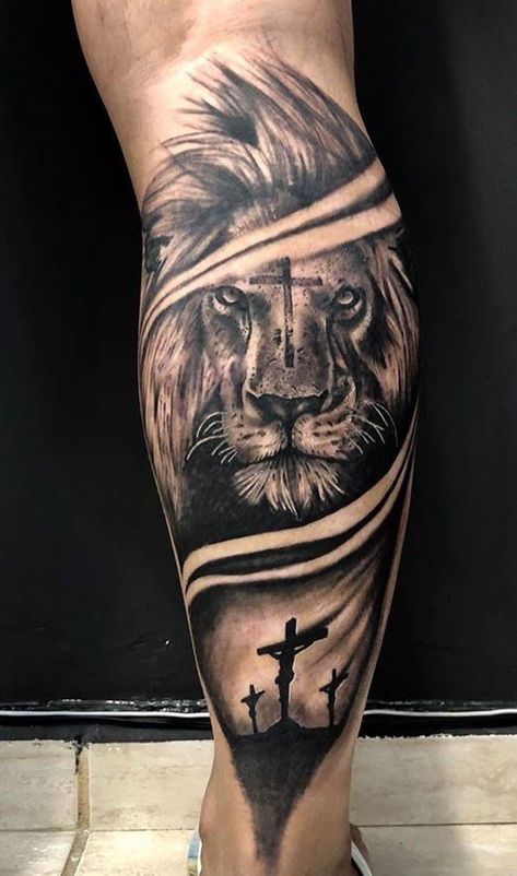 Lion Leg Tattoo, Religious Tattoo Sleeves, Calf Tattoo Men, Lion Forearm Tattoos, Cool Shoulder Tattoos, Lion Tattoo Sleeves, Wolf Tattoo Sleeve, Mens Lion Tattoo, Lion Head Tattoos