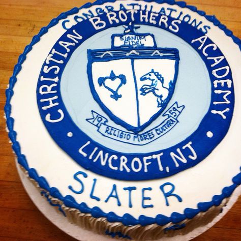 Graduation cake with the school insignia made from buttercream. Order your custom design at Ye Olde Pie Shoppe 732-530-3337 Pie Bakery, Graduation Cake, Cookie Pie, Graduation Cakes, Custom Cakes, Cake Cookies, The School, Cake Desserts, Butter Cream