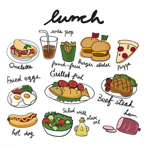 Illustration drawing style of food collection English Street, Food Doodle, Salad Pizza, Pizza Hot, Japanese Food Illustration, Doodle Icons, Food Doodles, 귀여운 음식 그림, Meatless Main Dishes