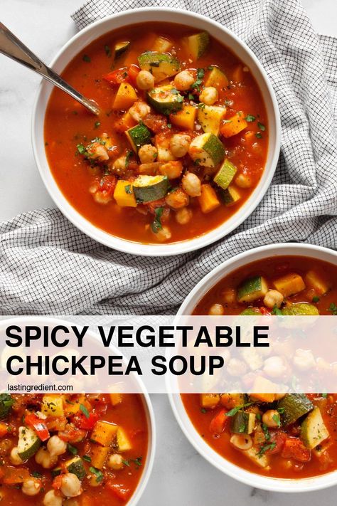 Spicy Chickpea Soup Recipes, Vegetable Chickpea Soup, Chickpea Vegetable Soup, Chickpea Zucchini Recipes, Spicy Chickpea Salad, Chickpea Harissa, Spicy Vegetable Soup, Vegetarian Vegetable Soup, Lentils Soup