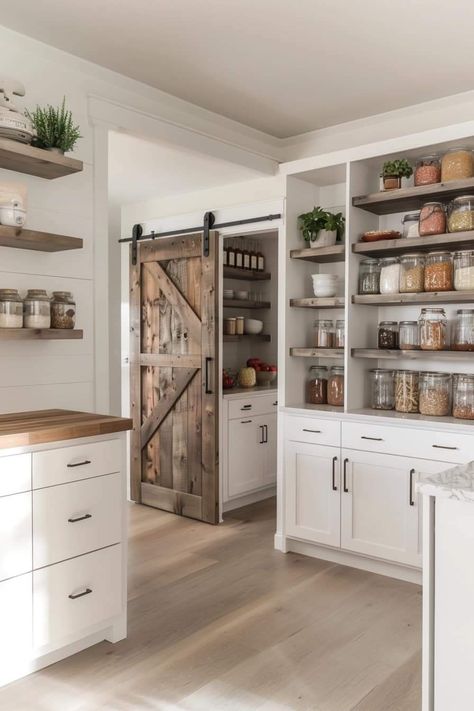 Kitchen Cabinets Country Farmhouse, Dream Kitchen Country, Farmhouse Kitchen With Pantry, Farmhouse Kitchen Pantry Ideas, Modern Farmhouse Pantry Door, Butters Pantry, Farmhouse Aesthetic Interior, Barn Kitchen Farmhouse Style, Country Kitchen Designs Farmhouse Style