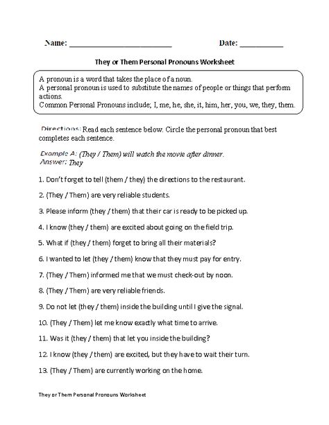 They or Them Personal Pronoun Worksheet Pronouns List, Free Pronoun Worksheets, Pronoun Worksheet, Pronouns Exercises, List Of Pronouns, Personal Pronoun, Personal Pronouns Worksheets, Pronouns Worksheet, Types Of Sentences Worksheet