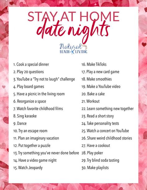 30+ Date Night Ideas at Home that are Creative, Cheap, and Fun - Natural Beach Living At Home Date Night Ideas, Home Date Night Ideas, At Home Date Night, Home Date Night, Creative Date Night Ideas, Date Night Jar, Cheap Date Ideas, Romantic Date Night Ideas, At Home Date