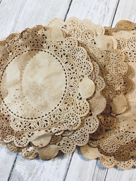 Tea Dyed Paper, Dyed Paper, Paper Journal, Junk Journal Paper, Gold Stickers, Paper Doilies, Paper Lace, Tea Dyeing, Thank You Stickers