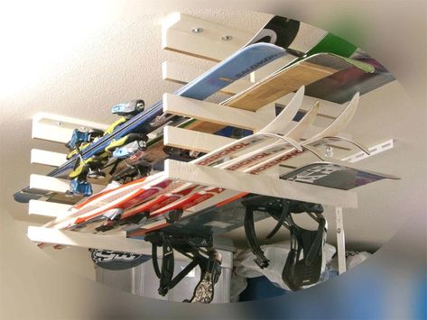 Ski Rack Garage, Garage Hanging Storage, Outdoor Gear Storage, Small Woodworking Shop Ideas, Snowboard Storage, Garage Storage Plans, Cabin Storage, Gear Room, Ski Rack