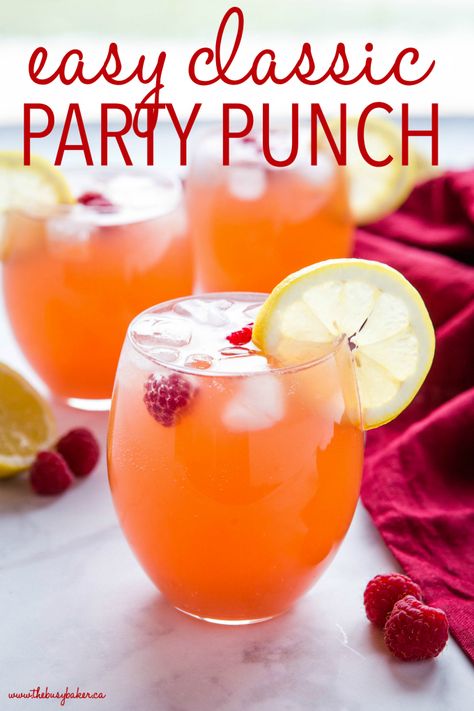 This Easy Party Punch Recipe is a super quick and easy drink recipe that's great for entertaining, holidays, or any celebration! It's kid-friendly, packed with fruit flavour, and made with only 4 ingredients! Recipe from thebusybaker.ca! #party #punch #holiday #fruit #cranberry #lemon #lime #easter #christmas #birthday Kids Party Punch Recipes, Sangria Punch Recipes, Punch For Kids Party, Kid Friendly Punch, Easy Punch Recipes Non Alcoholic, Fall Party Punch, Spring Punch Recipes, Easter Punch Recipes, Punch Recipes Non Alcoholic