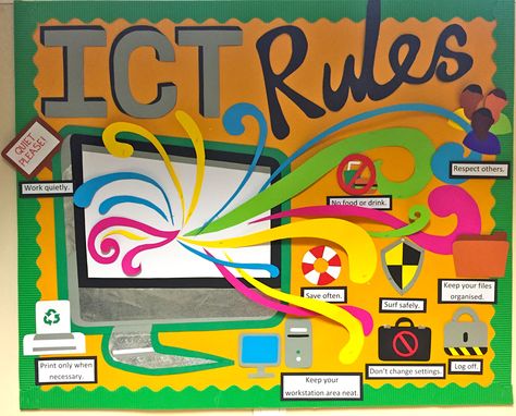 ICT Rules Computing Classroom Display, Ict Board Ideas, Ict Displays Boards, Ict Classroom Decoration, Ict Poster, Ict Technology, Ict Display, Ict Classroom, Computer Lab Bulletin Board Ideas