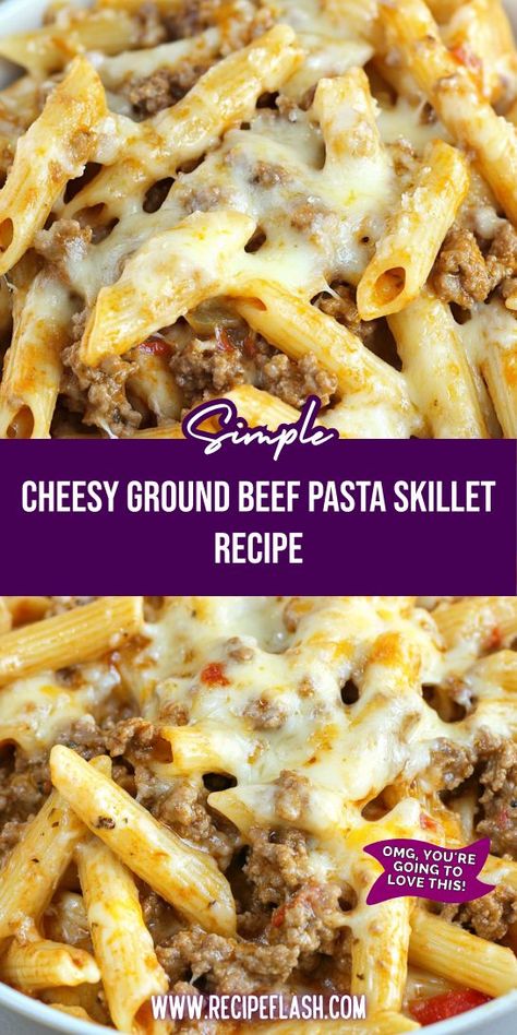 Craving something cheesy and hearty? This Cheesy Ground Beef Pasta Skillet Recipe is a one-pot wonder that brings comfort food to your dinner table. Be sure to save this recipe so you can enjoy a delicious and effortless meal whenever you need a tasty idea! Ground Beef Pasta Skillet, Cheesy Ground Beef Pasta, Beef Recipes Easy Dinners, Cheesy Ground Beef, Pasta Skillet, Quick Family Dinners, Ground Beef Pasta, Skillet Pasta, Ground Beef Dishes