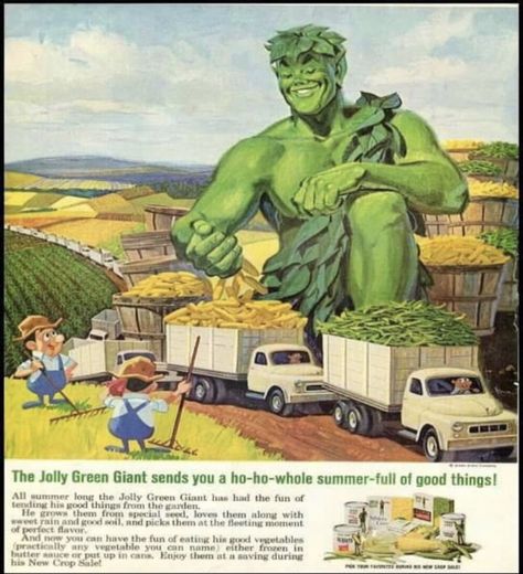 Jolly Green Giant, 1970s Ad Not a lot of planting in Jolly Green Giant land this year with all the flooding they've had this year. Jolly Green Giant, Canned Vegetables, Green Giant, Old Advertisements, Retro Advertising, Bd Comics, Retro Ads, Vintage Memory, Old Ads