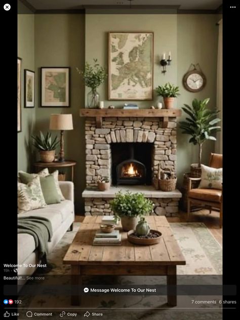 Sage Living Room, Home Makeovers, Living Room Decor Inspiration, Cottage Living Rooms, Rustic Home Design, Neutral Living Room, Home Fireplace, Living Room Decor Cozy, Living Room Green