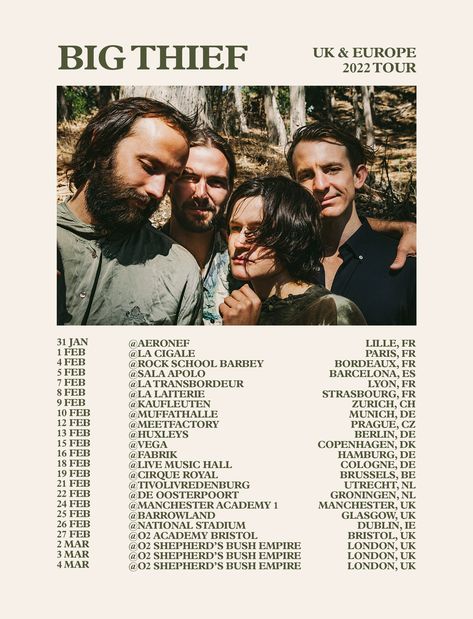 Big Thief Announce 2022 UK & European Tour Big Thief Poster Art, Big Thief Aesthetic, Big Thief Poster, Big Thief Band, Neutral Dorm, Big Thief, Music Poster Ideas, Tour Poster, Dorm Posters