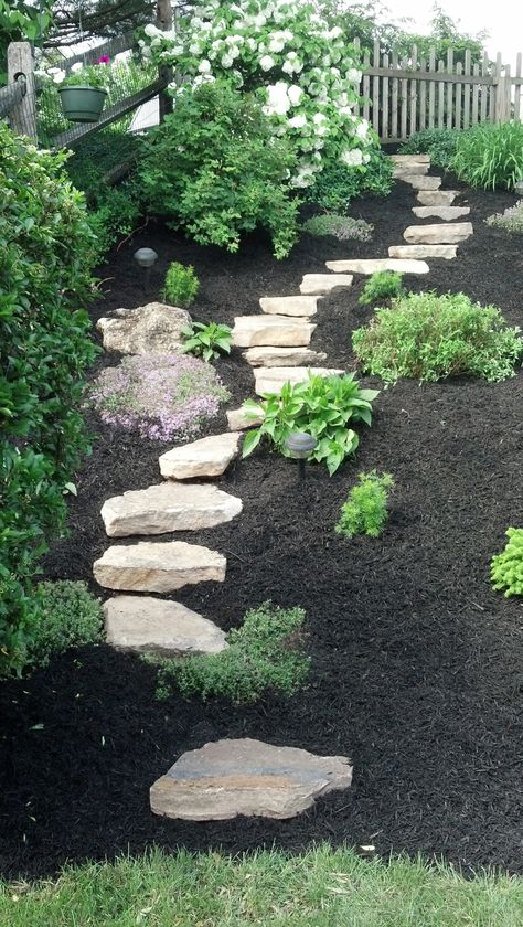 Natural Stone Steps in landscape Stepping Stones On Hillside Sloped Yard, Gentle Slope Steps, Stepping Stone Stairs, Stone Steps On Hillside Sloped Yard, Stepping Stones On A Slope, Stone Steps On Hill, Hillside Steps, Best Landscaping Ideas, Natural Stone Steps