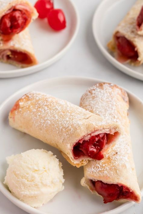 Easy Air Fryer Recipes | **Air Fryer Cherry Pie Taquitos is such an easy dessert Cherry Taquitos, Pie Pockets, Cherry Turnovers, Cherry Pies, Easy Air Fryer Recipes, Recipes Air Fryer, Egg Roll Wrappers, Easy Air Fryer, Egg Roll