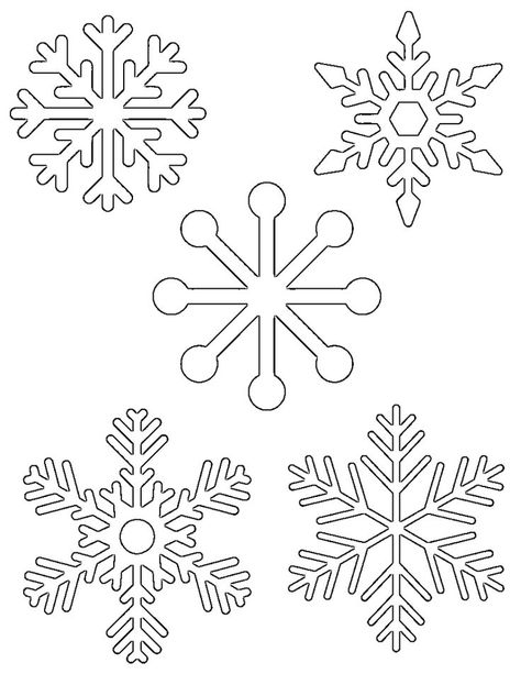 5 small snowflakes on one page to print out for kids activities (tracing, coloring pages, etc) Royal Icing Snowflakes, Snowflake Coloring Pages Free Printable, Snowflake Tracing, 5 Little Snowflakes, Snowflake Cutouts Patterns, Snowflake Printables, Snow Template, Embroidery Snowflake, Small Snowflakes