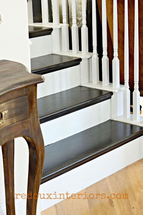 How to Paint a Staircase Black and White With All the Details! :: Hometalk Black And White Hallway, Black And White Stairs, Staircase Pictures, Carpet Staircase, White Hallway, White Staircase, Painted Staircases, White Stairs, Staircase Makeover