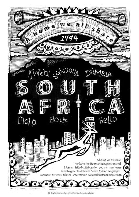 The South African illustration that teaches you how to say hello in different South African lanuages. South African Illustration, African Illustration, South African Culture, How To Say Hello, News South Africa, South African Design, African Plants, African Theme, South African Art