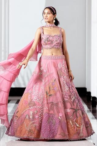 Shop for Roqa Pink Butterfly Net Applique Lehenga Set With Ruffle Dupatta for Women Online at Aza Fashions India Traditional Dress, Patchwork Butterfly, Sangeet Lehenga, Applique Patchwork, Ruffle Dupatta, Best Indian Wedding Dresses, Lehenga Pattern, Butterfly Net, Indian Outfits Lehenga