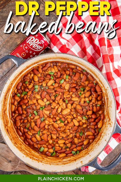 Dr Pepper Baked Beans Recipe – a quick and easy side dish that is a grilling hit. Pinto beans, kidney beans, cannellini beans, onions, garlic, dijon mustard, brown sugar, cider vinegar, ketchup, Worcestershire sauce, chili powder, and the secret ingredient -Dr Pepper. SO simple to make and they taste great! This is the perfect side dish for tailgating, cookouts, and potlucks. Everyone raves about this recipe! Dr Pepper Baked Beans, Beans Cannellini, Classy Recipes, Grilling Party, Pork Chop Brine, Cooking Beans, Calico Beans, Food Comfort, Easy Baked Beans