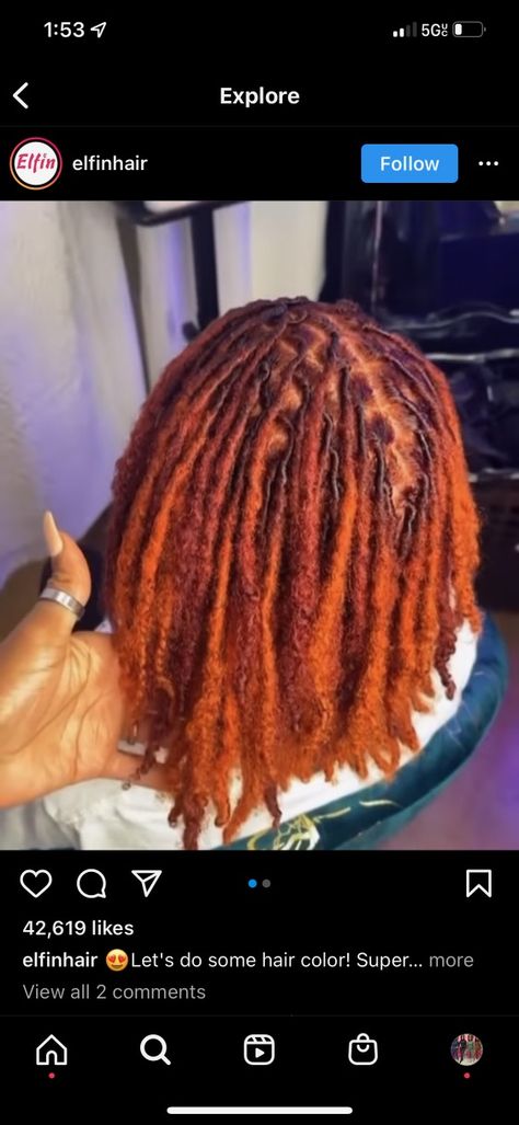 Copper Red Hair Color Black Women Locs, Burnt Orange Locs Dreadlocks, Ginger Copper Locs Black Women, Loc Colored Tips, Paprika Locs Black Women, Loc Colors For Black Women, Fall Loc Colors Ideas, Ombre Ginger Dreads Black Women, Red And Orange Locs Black Women