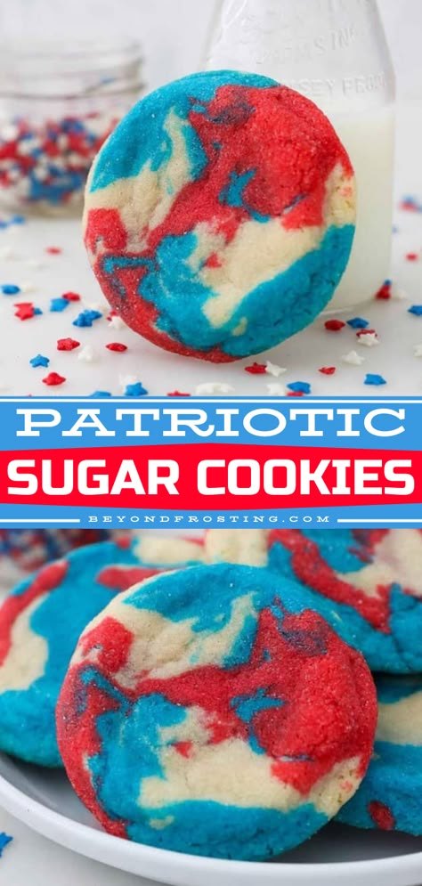 Easy Patriotic Sugar Cookies! They're the perfect 4th of July recipe. Not only are these tye dye cookies soft and chewy, but they also have a red, white, and blue theme. Such a fun and festive 4th of July dessert! Easy July 4th Desserts, Patriotic Sugar Cookies, 4th Of July Dessert, Patriotic Cookies, Patriotic Food, Frozen Cookie Dough, Making Cookies, Blue Desserts, Blue Cookies