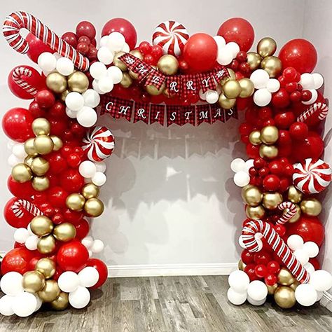 Christmas Balloon Arch, Christmas Balloon Garland, Christmas Party Backdrop, Balloon Wreath, Candy Themed Party, Candy Balloons, Holiday Balloons, Christmas Balloon Decorations, Deco Ballon